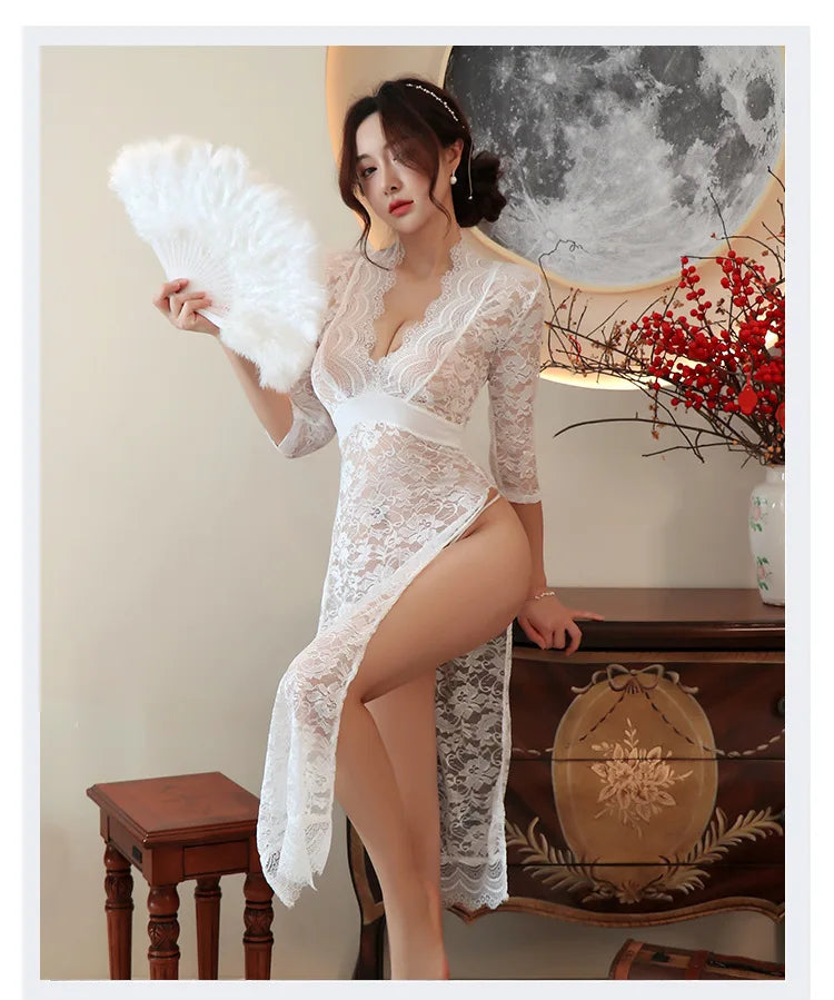 lingerie Deep V lace hip wrapped cheongsam long skirt women fancy underwear call of the night pajama sets - Seprincess