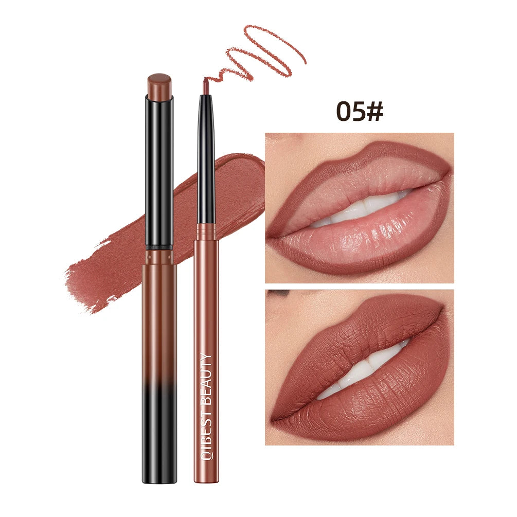 QIBEST 2pcs Matte Lipstick Lipliner Pen Makeup Set Nude Lip Liner Pencil Long Lasting Lipstick Pen Contour Waterproof Lip Stain