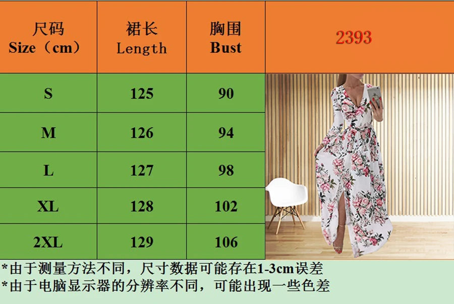 Amazon eBay Cross border 2024 Summer Chiffon Printed Long Dress V-neck Dress Long Sleeve Split Dress Women - Seprincess