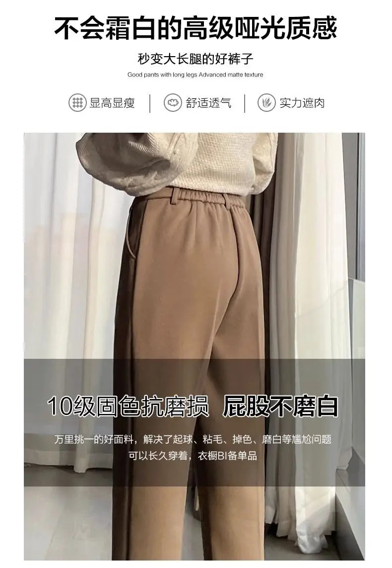 Simplicity Autumn Women Woolen Suit Pants Solid Pockets Button Elastic High Waist Fashion Straight Thicken Ankle Length Trousers