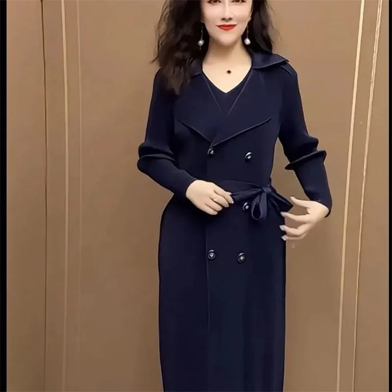 Spring Autumn Fashion Slim Pleated Suit Collar Fake Two Piece Windbreaker Coat Comfortable Waist Shrinking Elastic Dress Belt - Seprincess