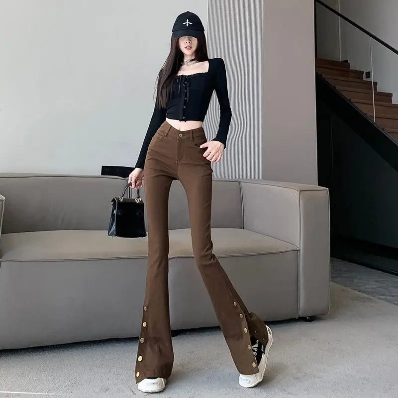 Micro-boot jeans brown buttoned design women's autumn and winter new high-waisted slim straight-leg floor mopping pants