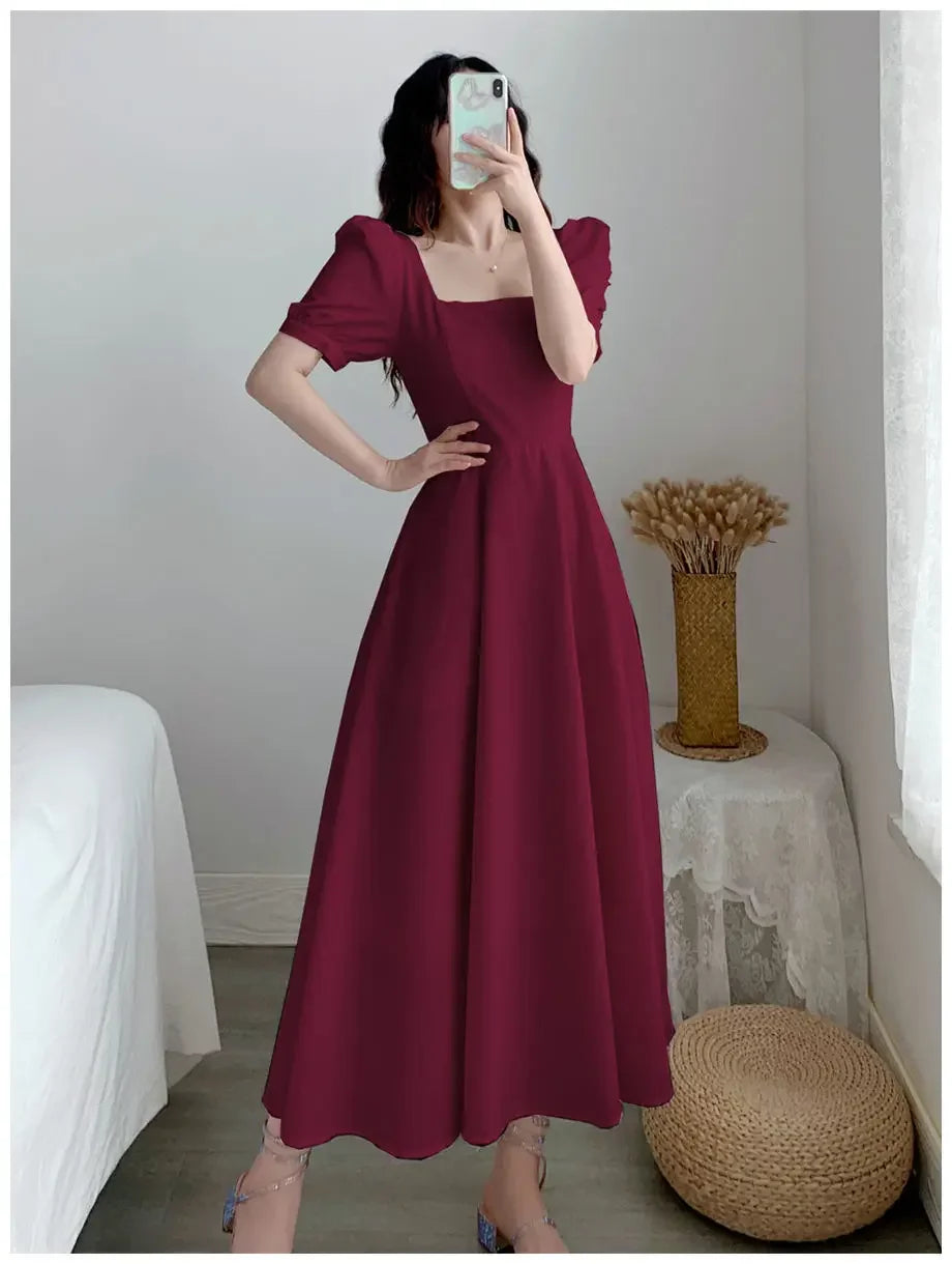 Elegant White Puff Sleeve Square Collar Dress Women's Waist-fitted Long Dress Slimming Effect Summer - Seprincess