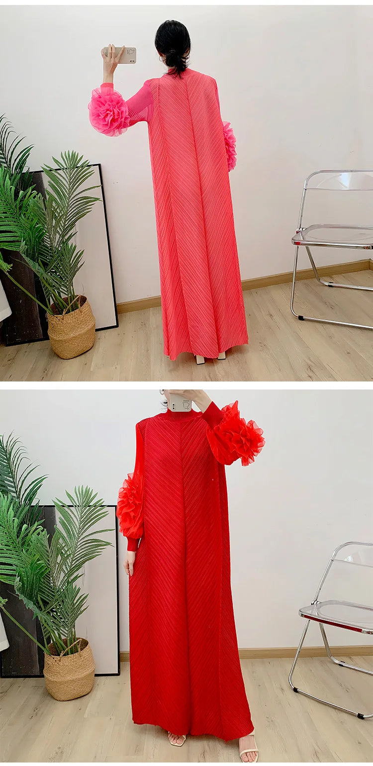 ANLAN Miyake Pleated Maxi Long Dress Mesh Petal Sleeve Half Turtleneck Formal Dresses for Women 2024 New Hot Sales 6KK9927