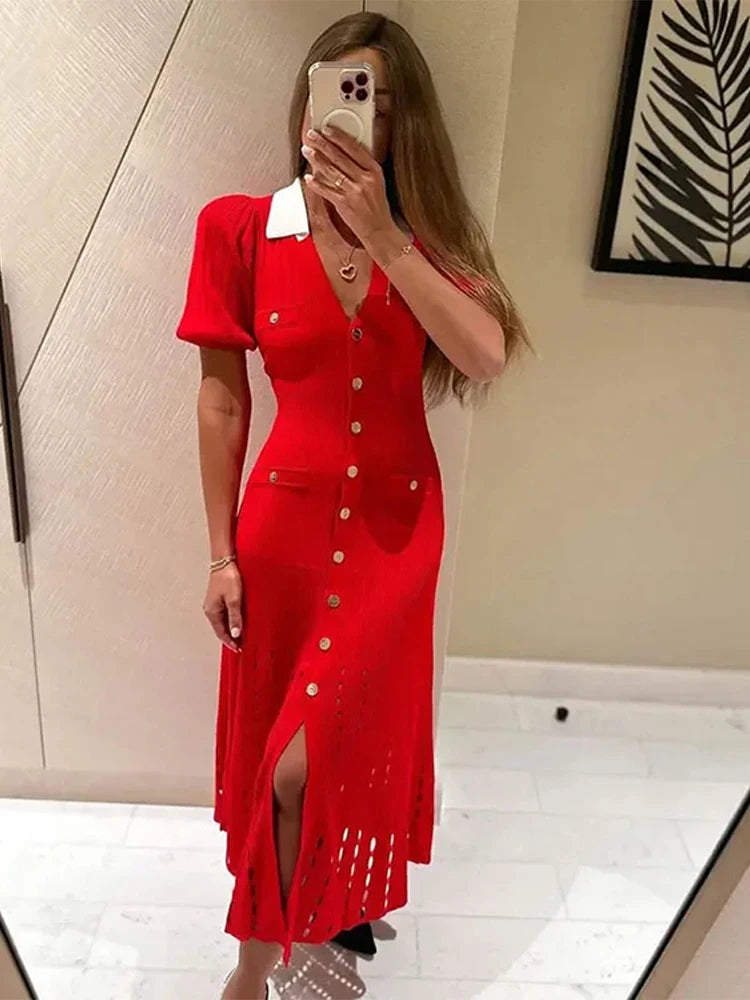 V-Neck Bubble Sleeved Knitted Beach Dresses Waist Cinched Hollowed Out Slimming Red Long Dress Single Breasted Button Women Robe - Seprincess