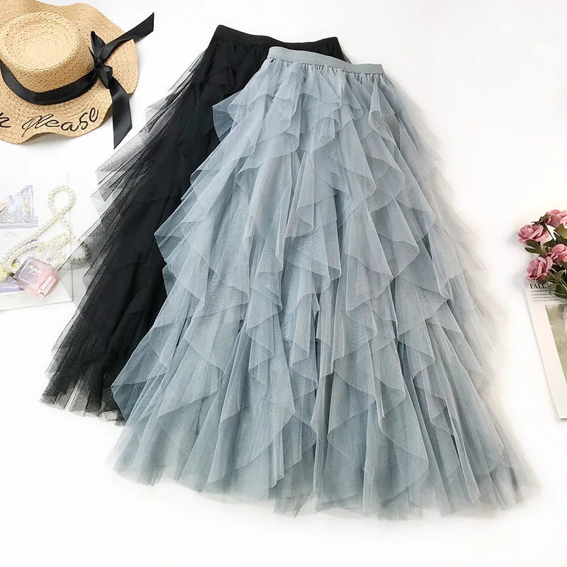 Tulle Skirts for Women Long Length Tutu Fairy Tiered Skirt A Line Mesh Elastic Waist Skirts Big Hem Black Gray Pink Beige Skirts - Seprincess