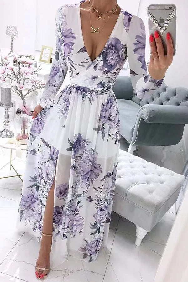 Amazon eBay Cross border 2024 Summer Chiffon Printed Long Dress V-neck Dress Long Sleeve Split Dress Women - Seprincess