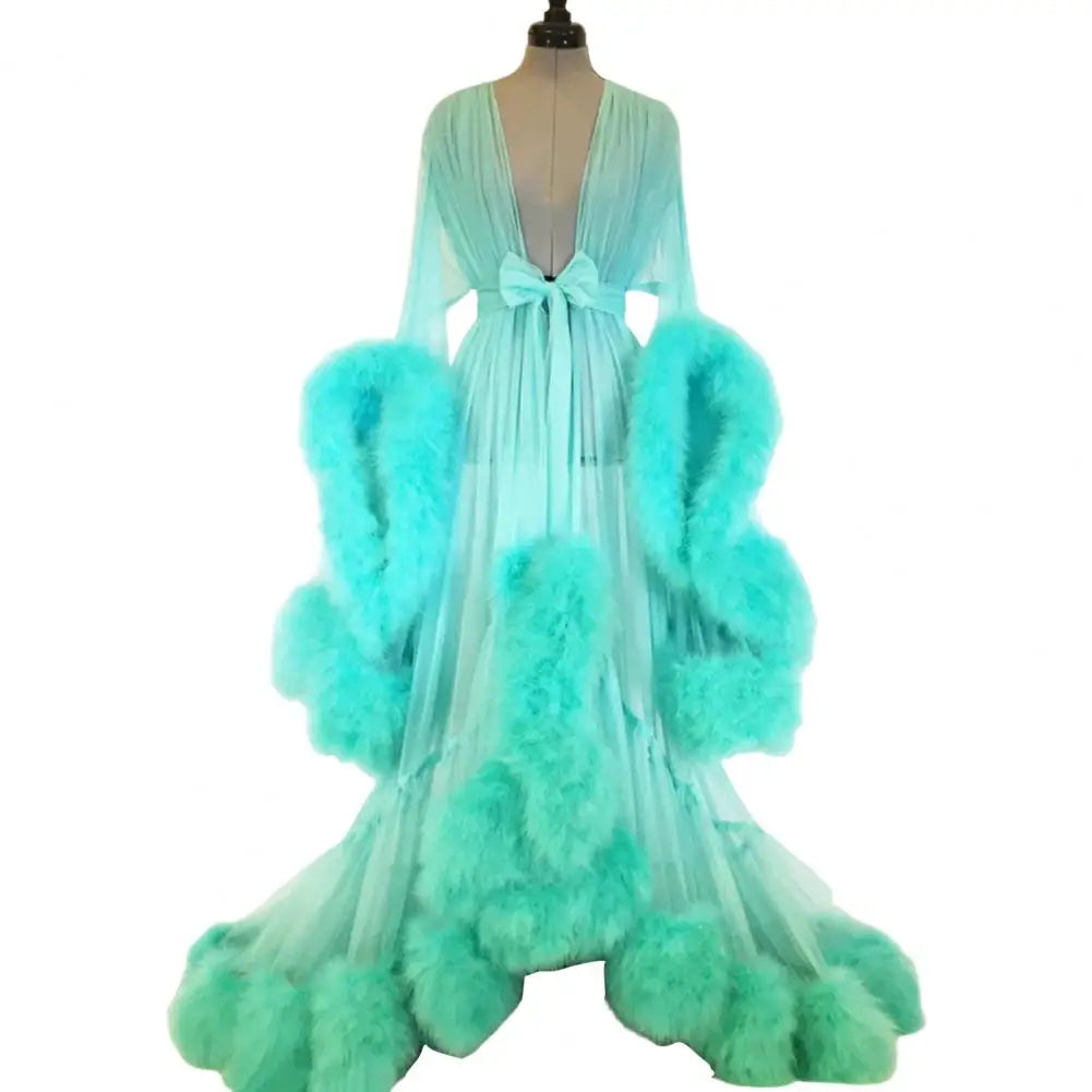 Bathrobe for Women Flare Sleeves Feather Bridal Robe Nightgown Silk Illusion Long Wedding Scarf Dressing Gown Photography Dress - Seprincess