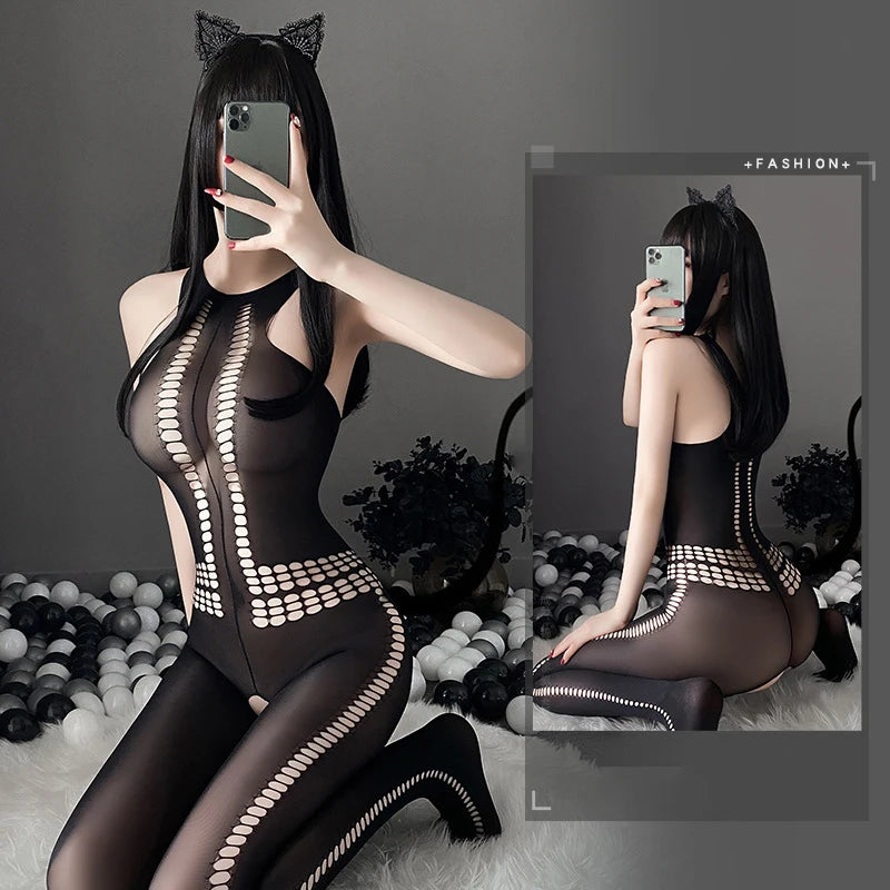 Tights Silk Body Stockings Female Erotic Lingerie Women Sexy Open Crotch Underwear Thin Transparent Bodysuit Cosplay Costumes