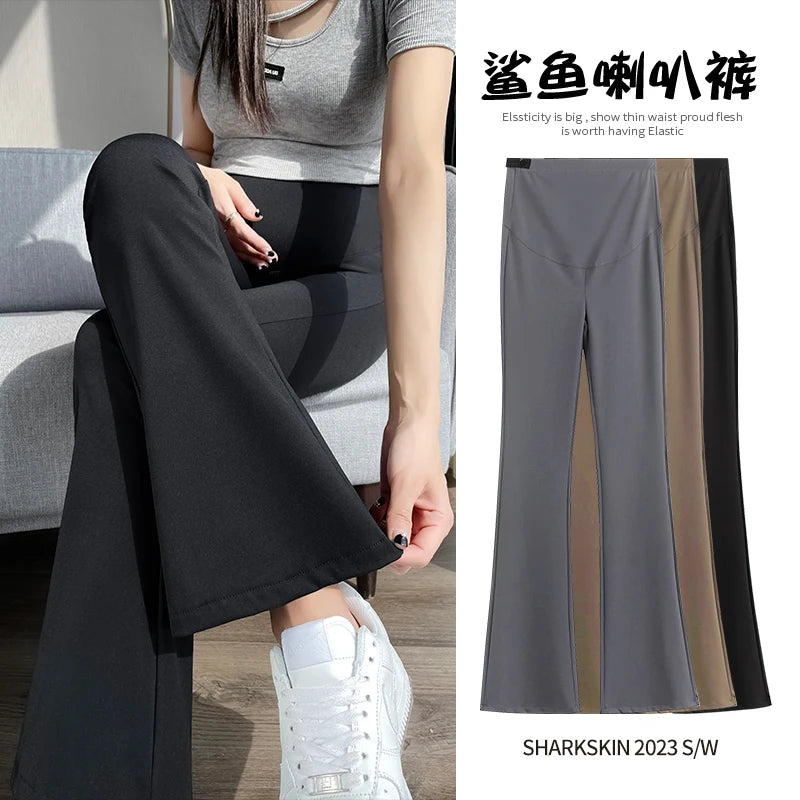 Spring Autumn Maternity Flare Pants Thin Summer Belly Trousers High Waist Pregnant Womens Shark Skin Leggings Pregnancy Boot Cut