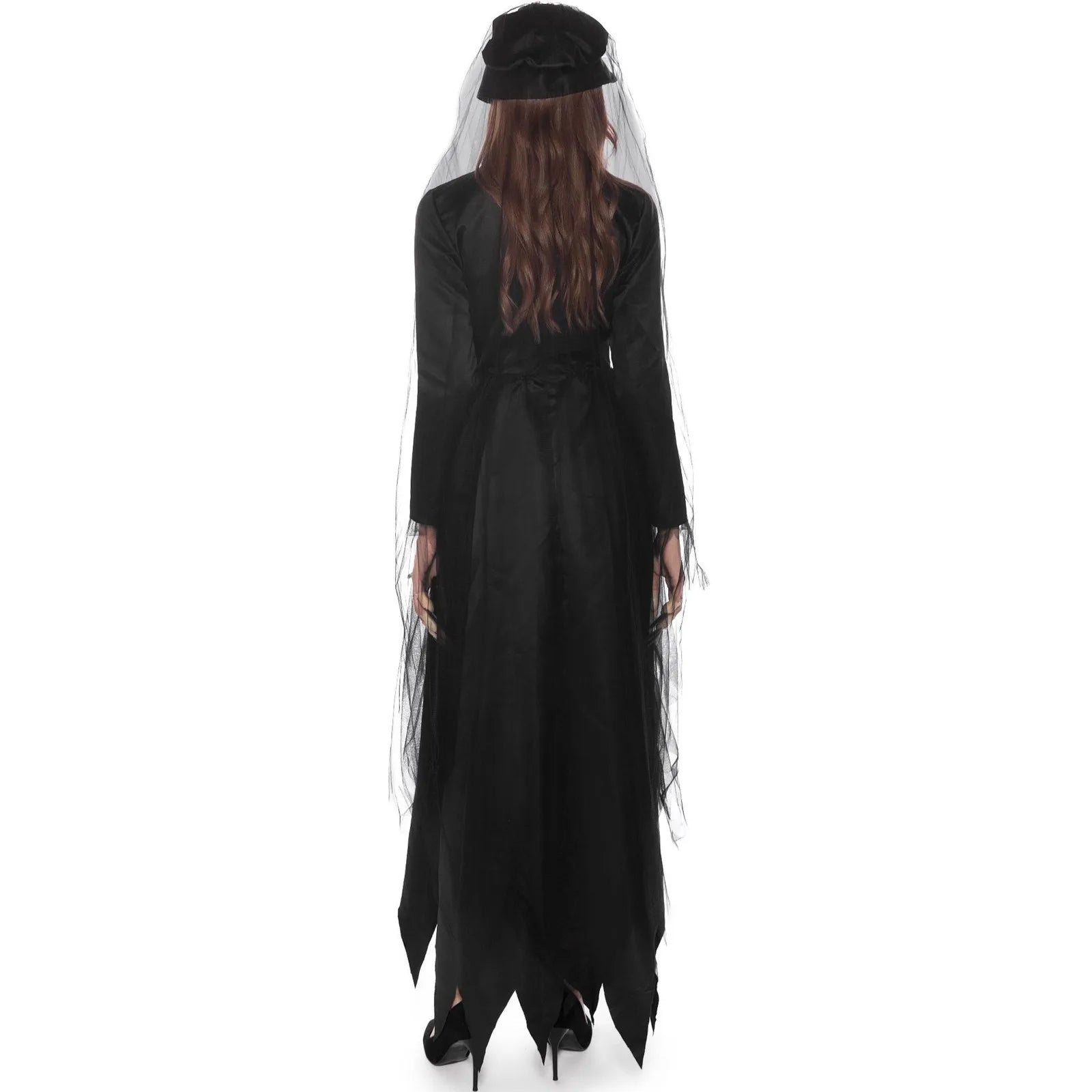 Scary 3 Piece Set Ghost Bride Irregular Maxi Dresses Halloween Party Zombie Vampire Witch Cosplay Costumes Horror Dress+Veil+Hat - Seprincess