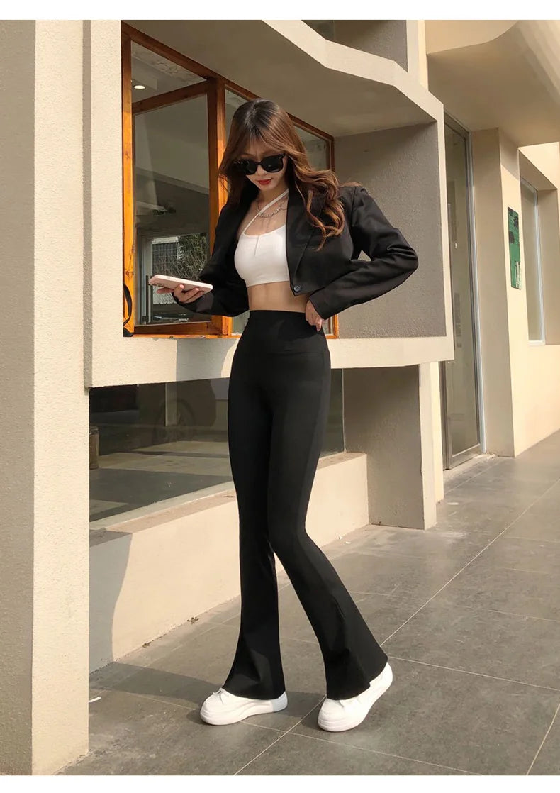 BIVIGAOS Women Shark Flared Pants Black Elastic Slim High Waist Sexy Horseshoe Pants Micro Casual Fashion Flared leggings