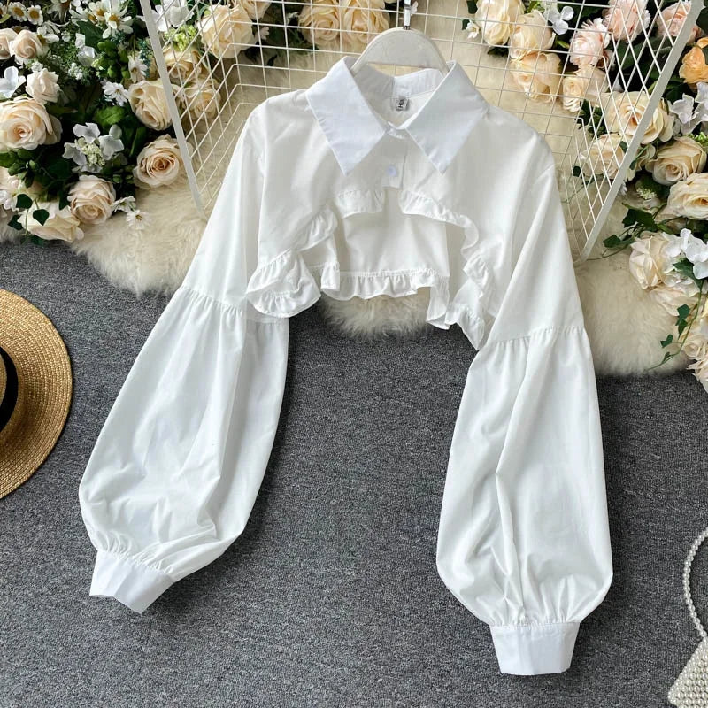 Autumn Women Sexy Black Spaghetti Strap Dress and White Long Sleeve Blouses Crop Tops Korean Fashion Mini Vestidos - Seprincess