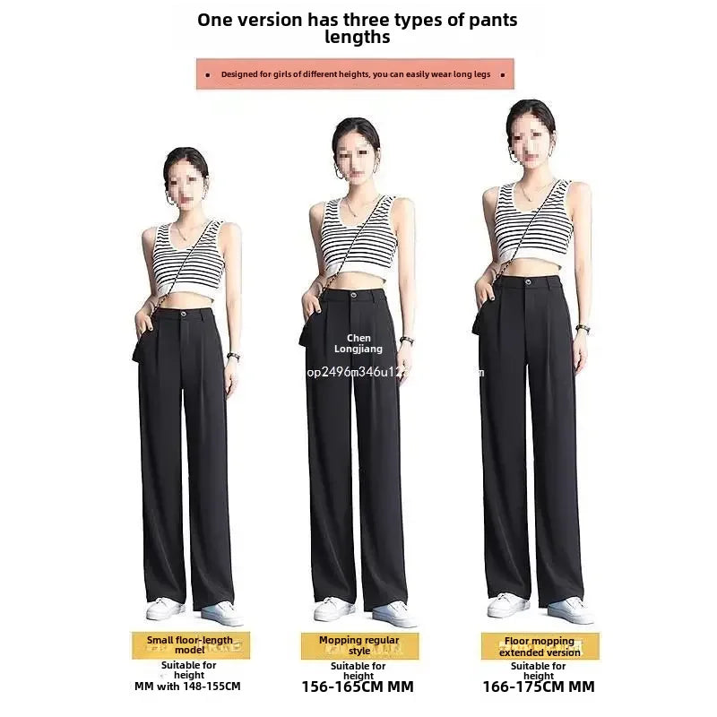 Plus Size High-waisted Thin Black Casual Trousers Women's Summer Ice Silk Bell Bottoms Straight-leg Pants For Ladies