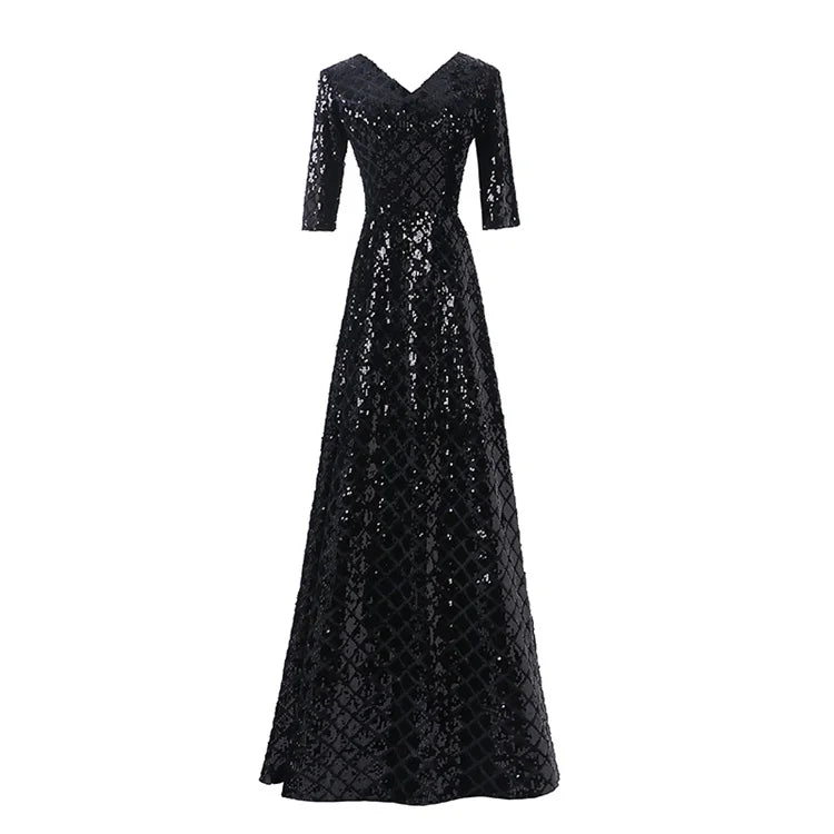 FANIECES Luxury Sequins Party Evening Floor-length Dresses Women Three-Quarter Sleeve V Neck Prom Gown Robe Longue Femme Vestido - Seprincess