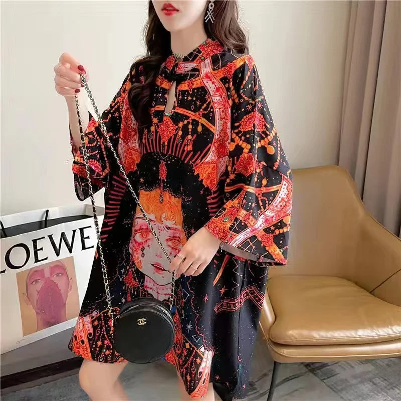 Chinese Fashion Print Dress Women Summer Long Sleeve National Style Cheongsam 2022 Modern Improve Vintage Elegant Loose Qipao - Seprincess