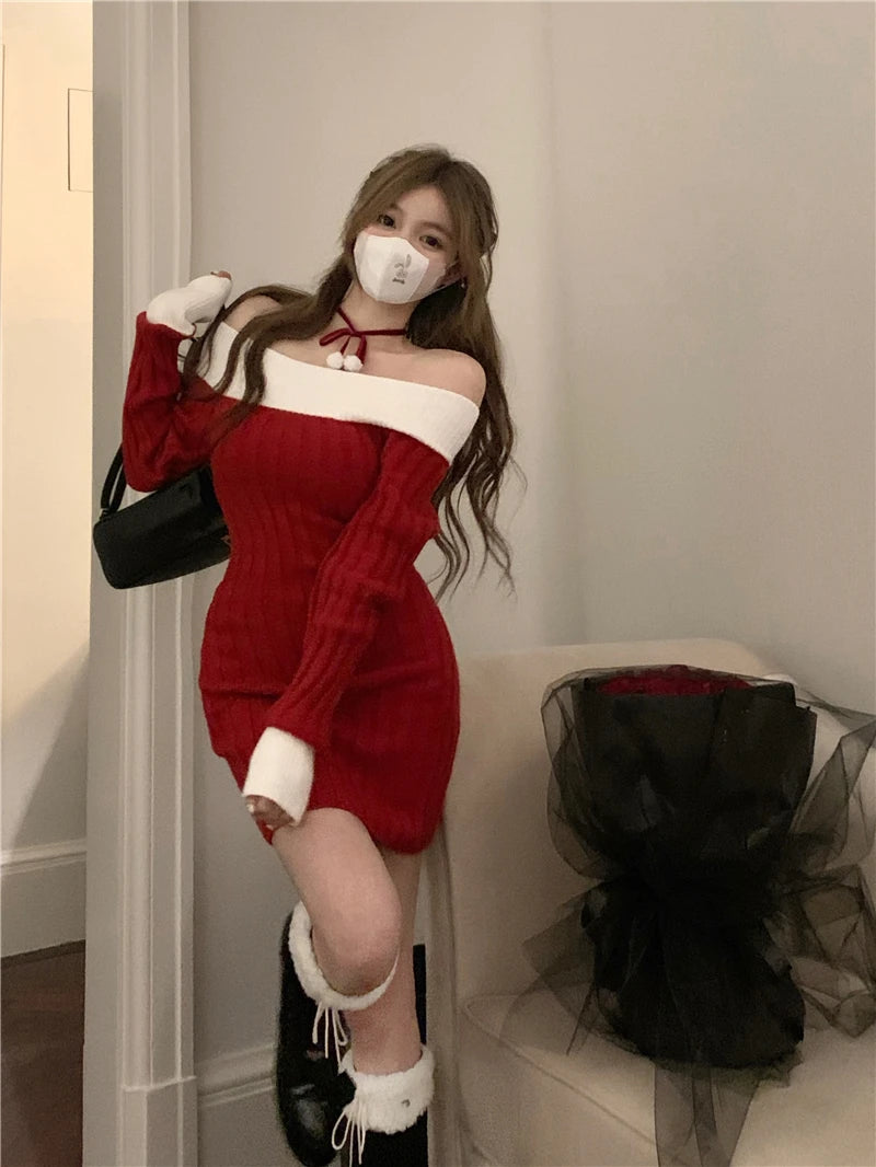 Sexy Red Christmas Dress Women Autumn Winter Korean Style Slash Neck Bodycon Knitted Dresses Female Elegant Y2k Party Mini Dress - Seprincess