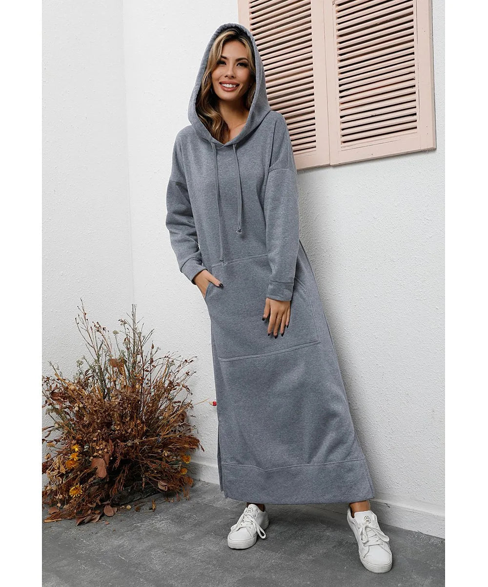 Women Dresses Autumn Winter hoodies Hooded Big Pocket Sweaters Dress Long Sleeved Casual Loose Elegant Office Lady Vestidos - Seprincess