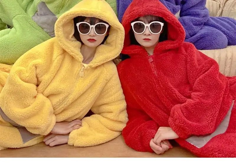 Kawaii Teletubbies Po Laa-Laa Dipsy Tinky Winky Women's Onesies Winter Girls Funny Coral Fleece Hooded Pajamas Home Clothes - Seprincess