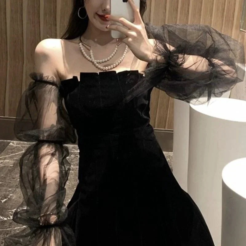 New Spring and Summer Sexy Mesh Puff Sleeve Black Strapless Puff Dress Women Woman Dress Vestido De Mujer Femme Robe - Seprincess