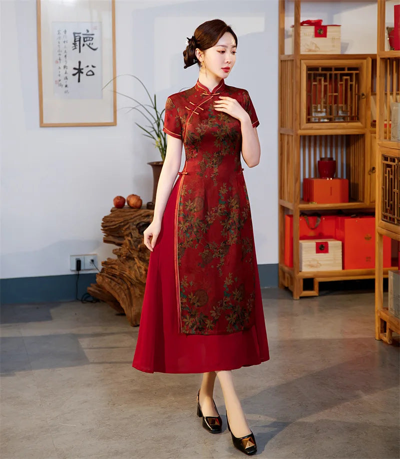 Burgundy Qipao Grace Improved Chinese Style Dresses Lady's Satin Cheongsam Summer Spring Ao Dai Flower Print Dress Oversize 4Xl - Seprincess