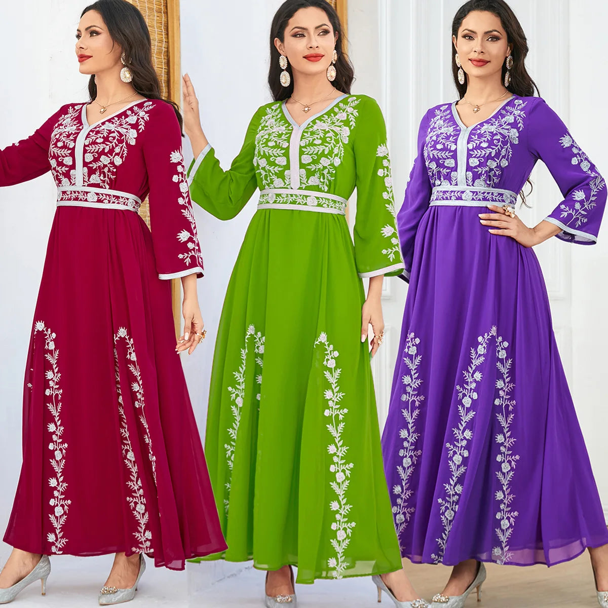 Autumn Embrodiery Eid Muslim Party Dress for Women Jalabiya Abaya Ramadan Long Dresses Abayas Woman Lace-up Caftan Vestidos Robe - Seprincess