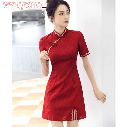 Traditional Chinese Clothing Red Cheongsam Summer New Modern Improved Young Short Qipao Dress New Year CNY - Seprincess