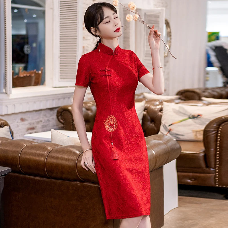 Chinese Traditional Retro Red Modern Improved Cheongsam Summer New Short Sleeve Engagement Qipao Dress - Seprincess