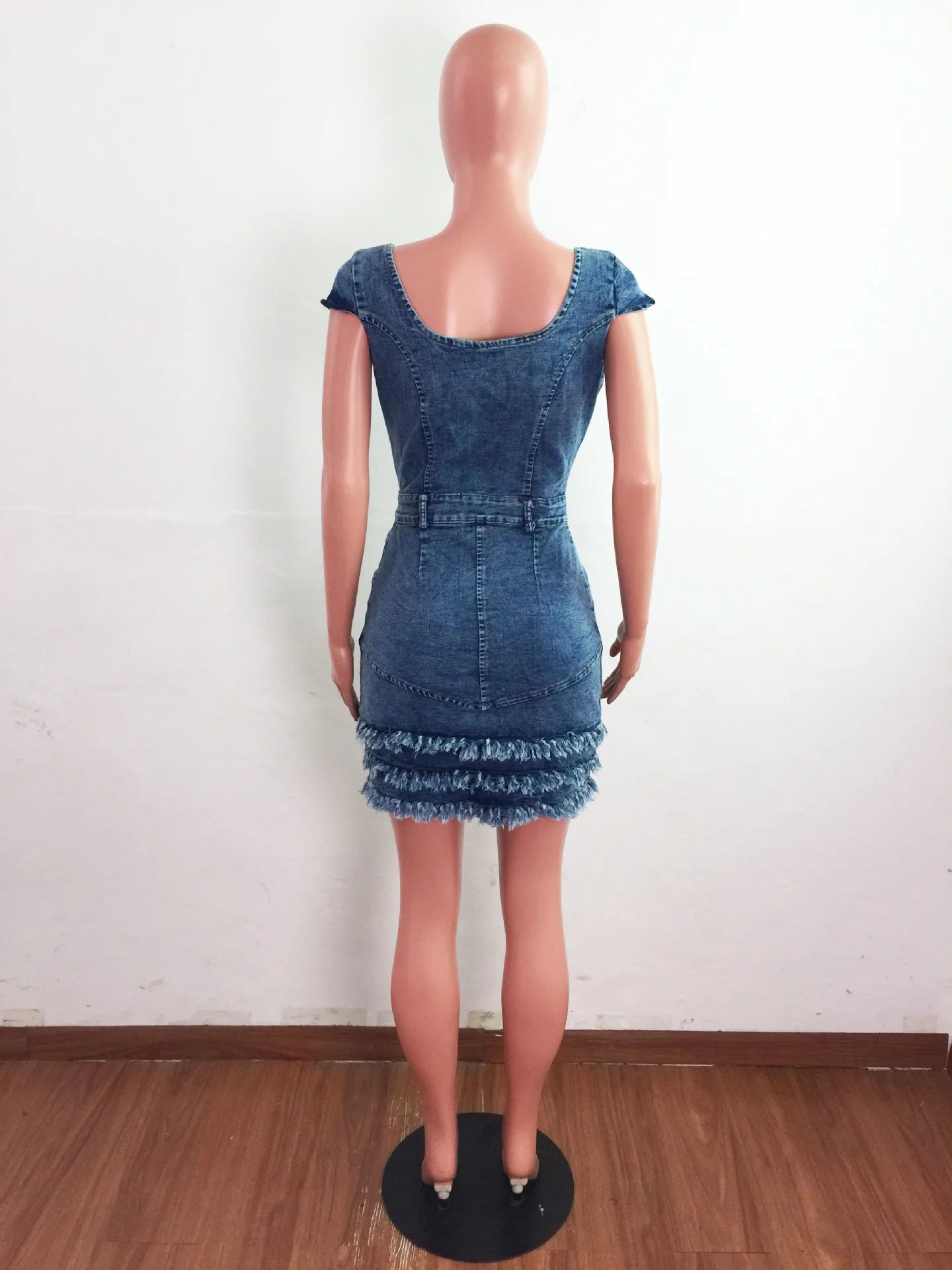 2023 Women Sexy Short Sleeve Dress Slim Fit Tassel Package Hip Pocket Button Denim Dresses Sheath Backless Tight High Waist - Seprincess