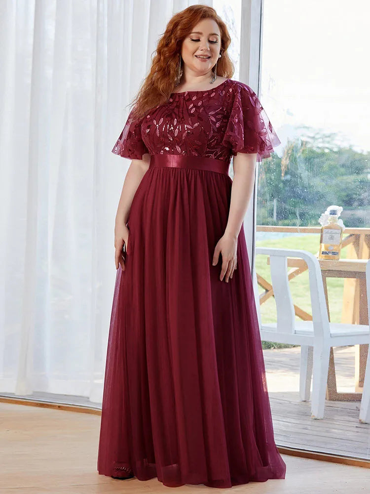 2023 NEW Plus Size Dress  Robe De Soiree Sparkle Evening Dresses Long A-Line O-Neck Short Sleeve LONG Formal Dresses - Seprincess