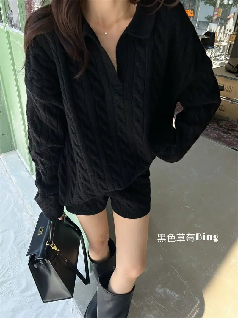 Korean Style Premium Knited Sweater Loose Casual Polo Neck Pullover Women Top Shorts Autumn WinterTwo Piece Set Women Outfits - Seprincess