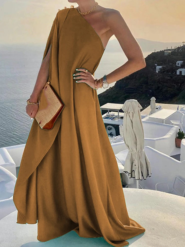 2024 Elegant Off Shoulder Shawl Sleeve Party Evening Dress Beautiful Draped Full Length Dress Women Solid Silk Satin Dresses - Seprincess