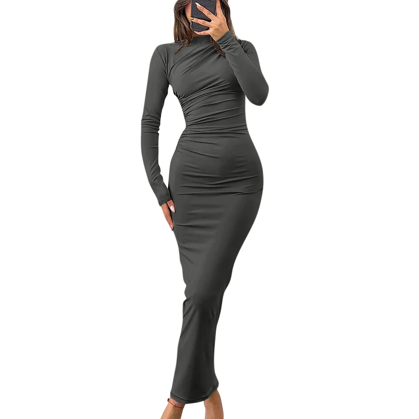 Women Bodycon Maxi Dresses Fall New Long Sleeve Sexy Ruched Neck Slim Fit Cocktail Party Dress Elegant Gentle Temperament Dress - Seprincess