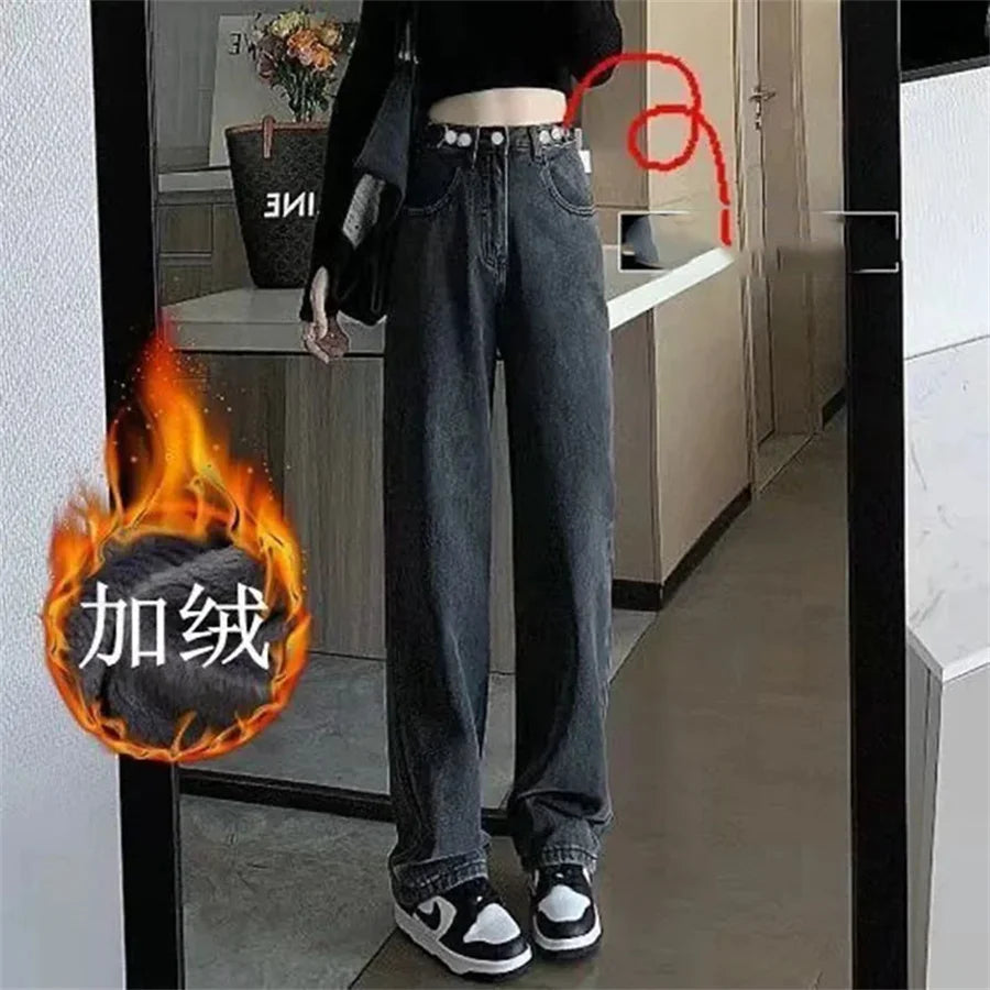 Straight Velvet Lined Baggy Jeans Pants Women Warm Plush Wide Leg Vaqueros Pantalones Thick Loose Vintage Winter Denim Trousers