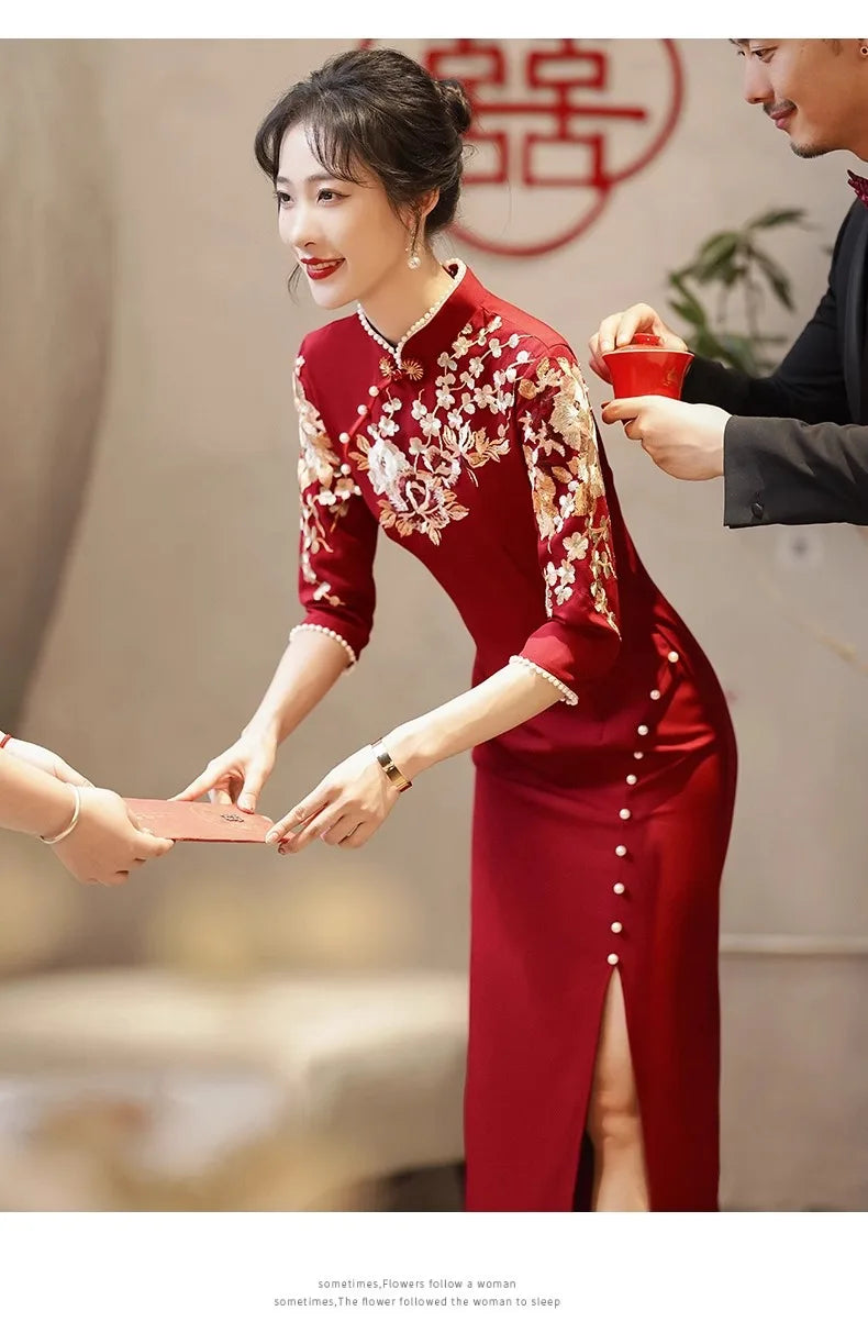 Burgundy Wedding Cheongsam Engagement Dress New Chinese Qipao Toast Clothes Retro Mandarin Collar Improved Sexy Slit Slim Dress - Seprincess