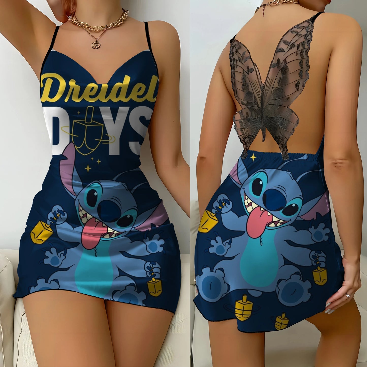 Bow Knot Party Dresses Mini Dress Disney Stitch Pajama Skirt Satin Surface Womens Fashion Summer 2024 Sexy Lace Backless Disney - Seprincess