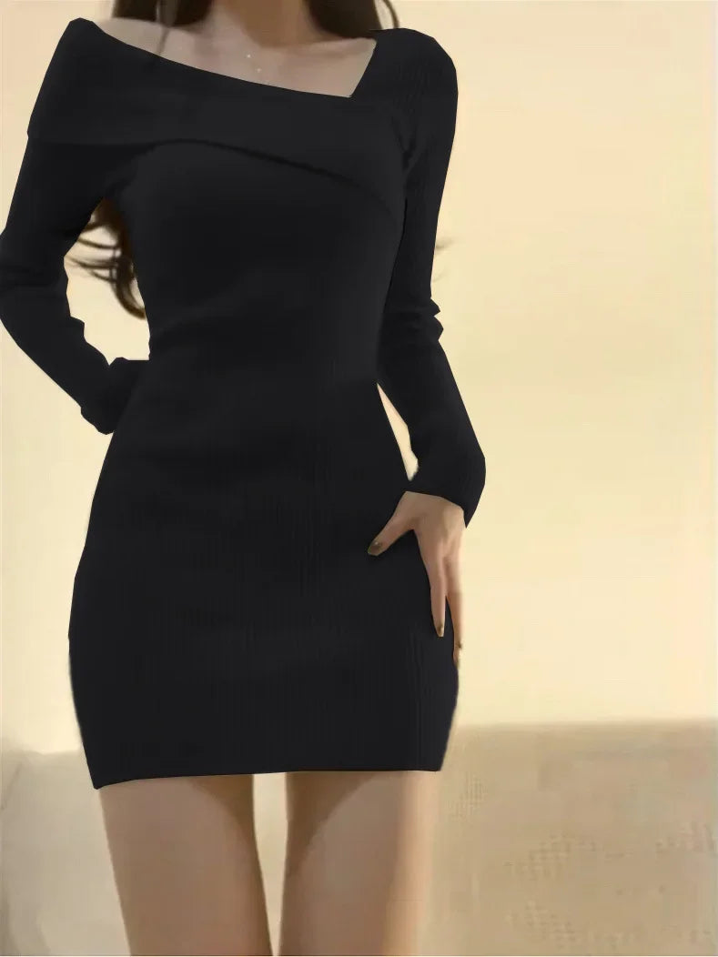 Korean Style Mini Knitted One-piece Dress Women Coquette Sexy Long Sleeve Tunic Cabaret Dresses Khaki Winter Clothes - Seprincess