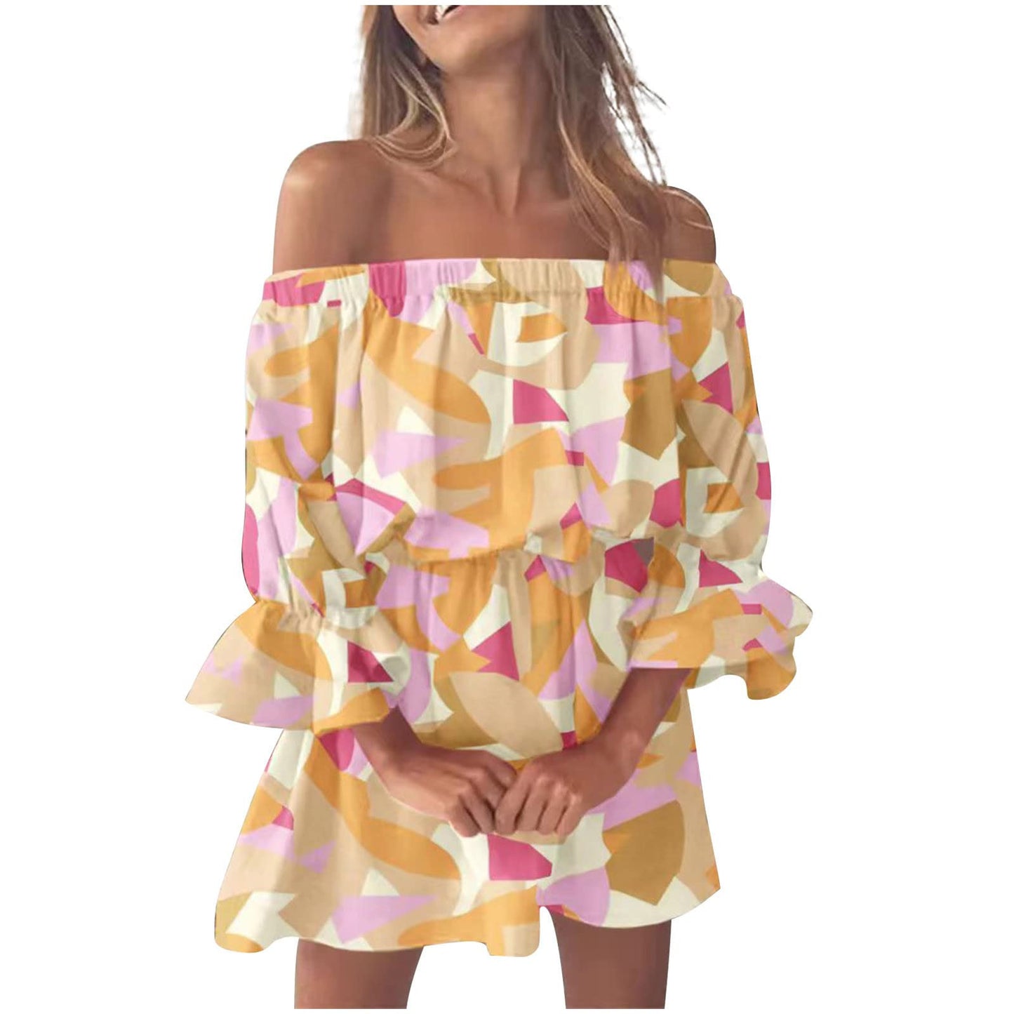 Boho Dresses for Women 2023 Summer Sexy Off Shoulder Floral Print Flare Sleeve Tunic Dress Women Casual Mini Sundress Vestido - Seprincess