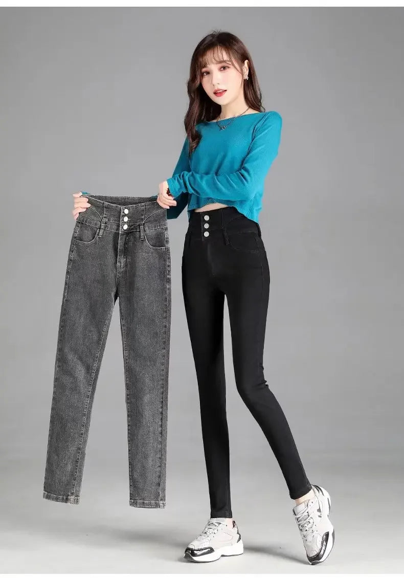 Thickened High-waisted Fleece-lined Jeans Women's Black Grey Slimming Winter 2021 New Style Tightening Integrated Velvet Pants