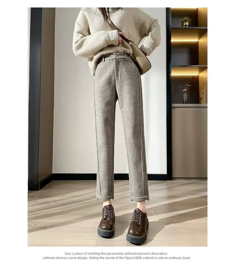 Winter Woolen Pants for Women Thicken Warm Ankle-Length Harem Pants Office Lady Khaki Elastic Waist Fashion Women's Trousers