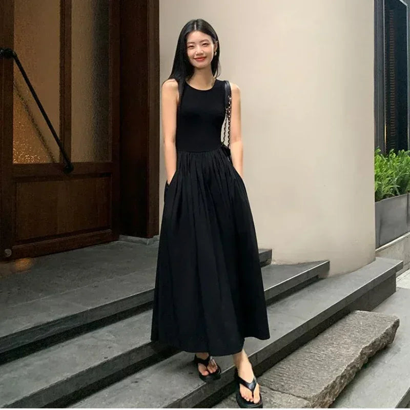 TKNOLEGE New Summer Casual Korean Sleeveless Dresses  Solid Color O-neck Women High Waist Temperament Female Long  Dress - Seprincess