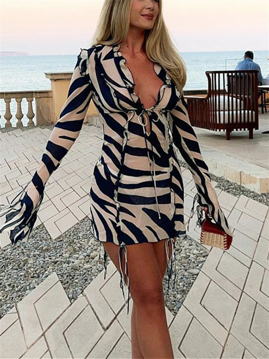 Zebra-Striped Long Sleeve Mini Beach Dress Holiday Casual Party Ruffle Collar Tie Up Short Dress Women Sexy A-Line Dress - Seprincess