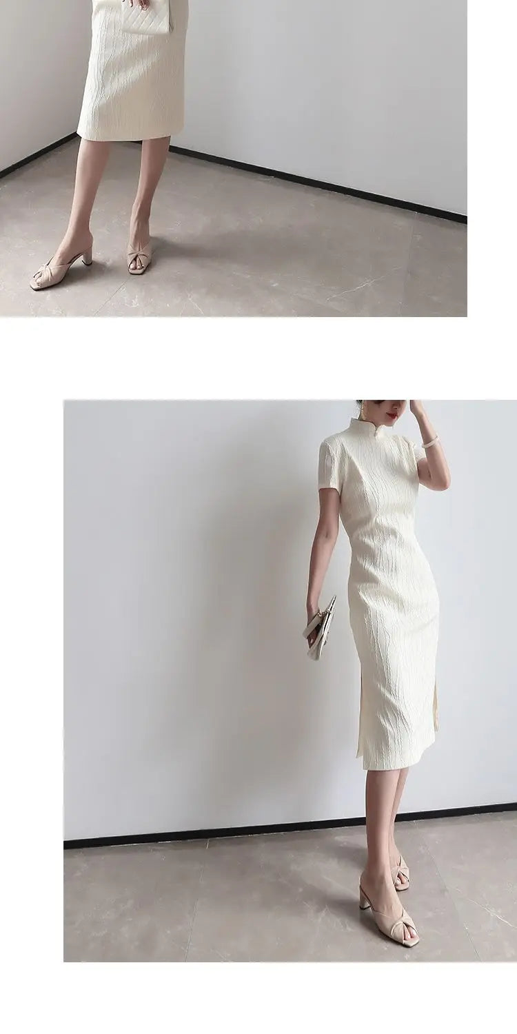 2024 new Chinese qipao dress vestidos elegant vintage cheongsam white OL cheongsam dress short sleeve modern qipao dress - Seprincess