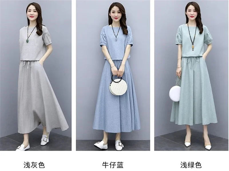 Cotton Linen Skirt Two-Piece Women's Summer 2024 New Set Slim Skirts Sleeve Suit Skirts Fashion 2PCS Temperament Female Outfit - Seprincess