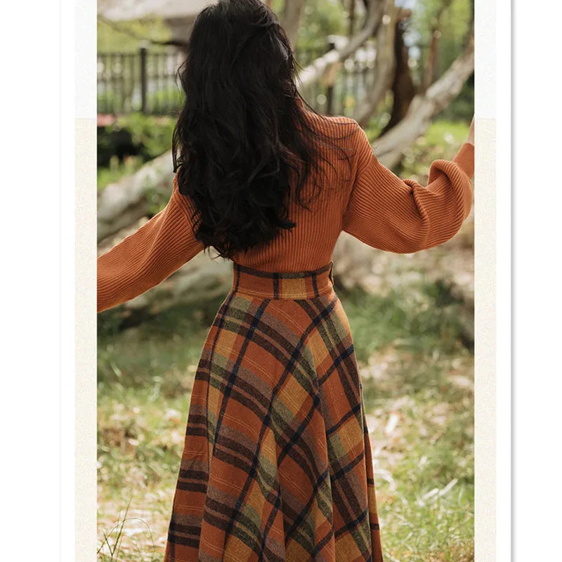 Women's Spring Autumn Vintage Plaid Long Skirts Sweater Two-Piece Set French Lady Graceful Knit Pullover High Waist Skirt Outfit - Seprincess