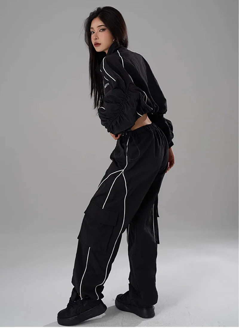 Hip Hop Sports Suit Two-piece Set Women Black Short Track Jacket +Sweatpants Joggers Dance Tracksuit Female Cropped Jacket Sets - Seprincess