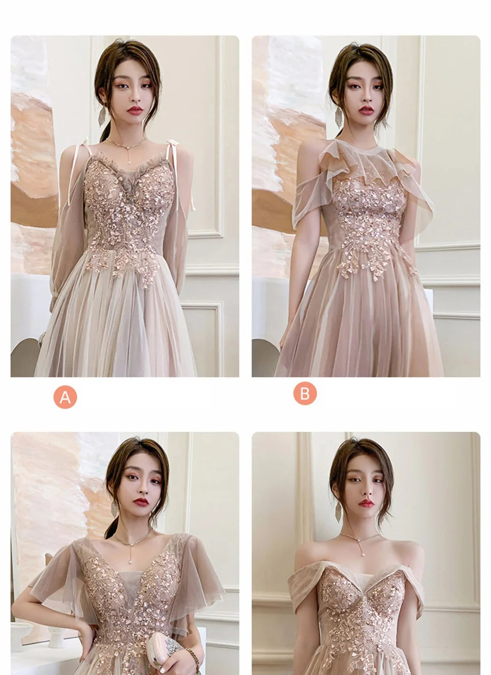 4 styles Champagne Pink Bridesmaid Dress Women's Elegant Off Shoulder Ruffles Sleeves Gown Sequins Flower Applique Vestido - Seprincess