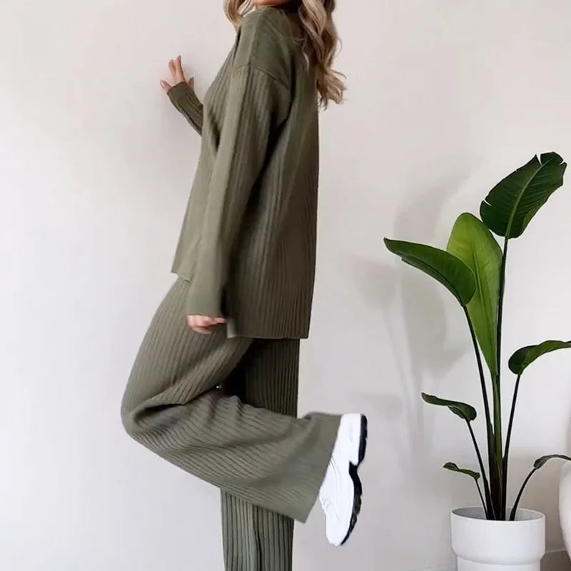 Women Knitted Two-piece Set Casual Loose Women's Home Suit With High Collar Top Wide Leg Trousers Knitting 2 Piece Outfit Winter - Seprincess