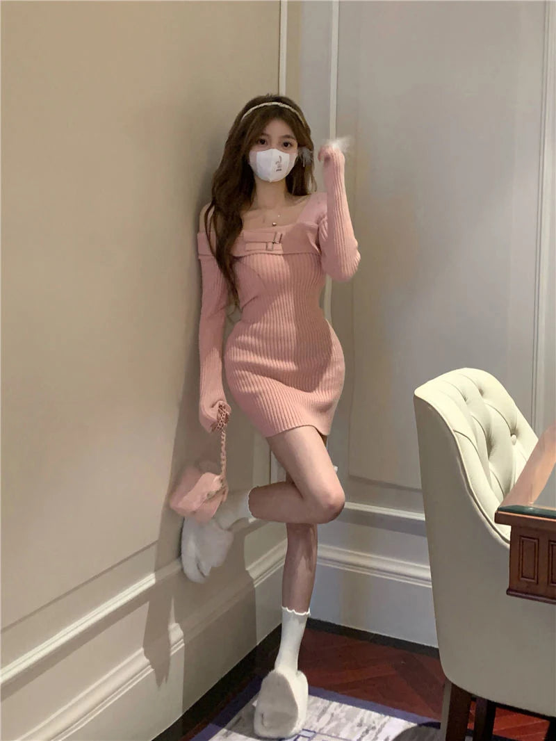 MEXZT Y2K Knitted Mini Dress Women Streetwear Sexy Off Shoulder Sweater A Line Dresses Christmas Party Korean Bodycon Vestidos - Seprincess