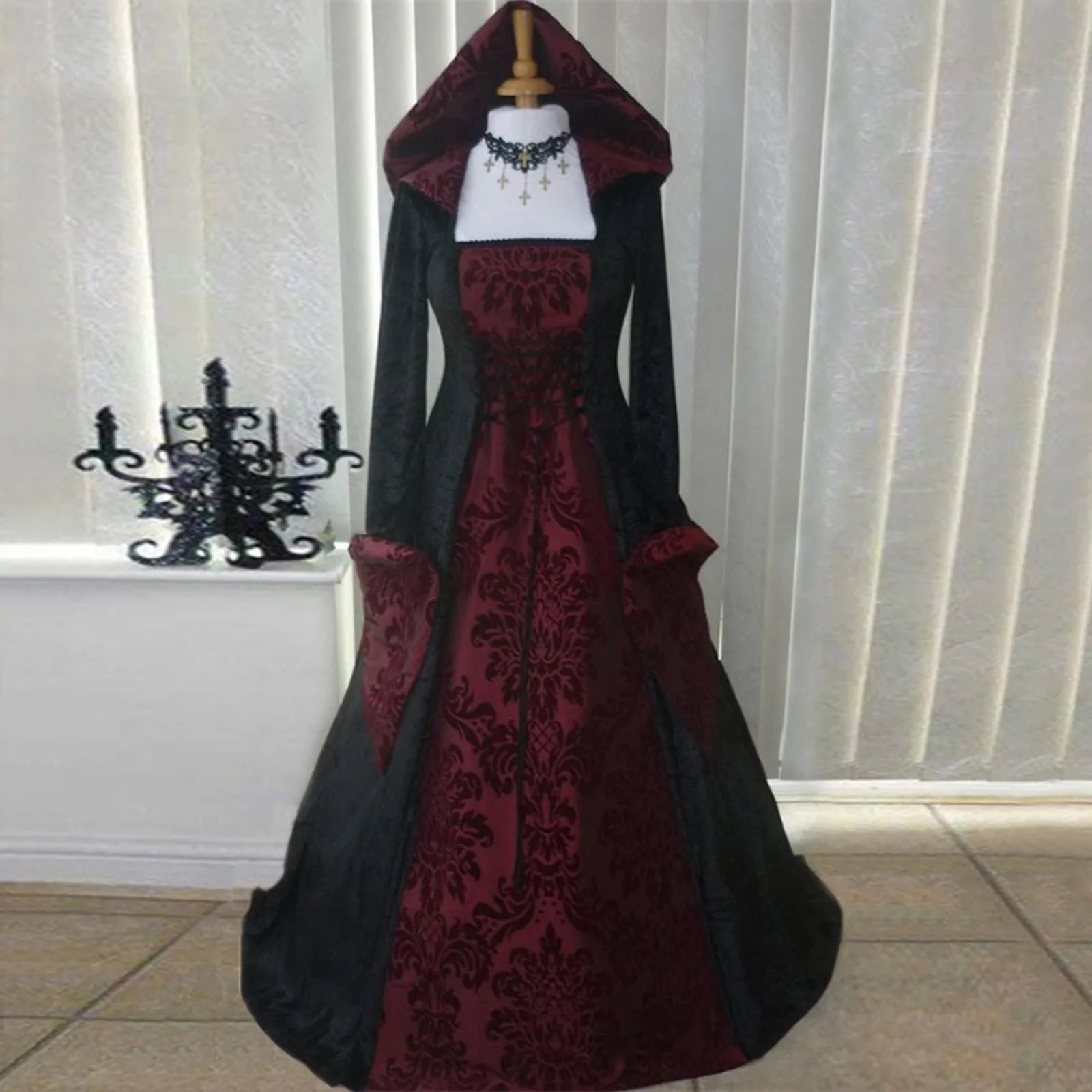 Vintage Retro Gothic Emboridered Hooled Long Sleeve Hooded A-line Dress Fashion Large Swing Cosplay Long Gown Dresses For Ladies - Seprincess